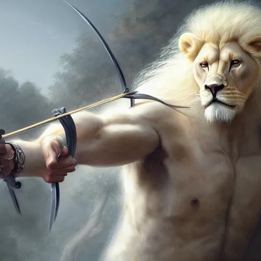 Image similar to commission portrait of a fit male anthro albino lion holding a bow,character design by charles bowater,greg rutkowski,ross tran,hyperdetailed,hyperrealistic,4k,deviantart,artstation,professional photography,concept art