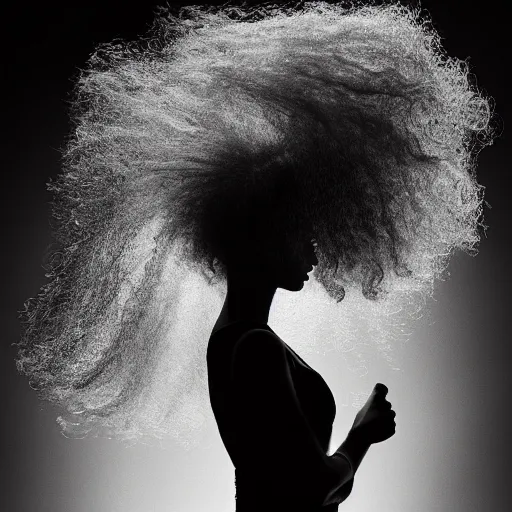 Prompt: curly hair silhouette, award winning black and white photography