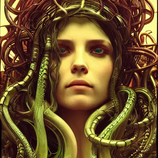 Image similar to Cyberpunk medusa, dark atmosphere, cinematic shot, intricate, ornate, photorealistic, ultra detailed, realistic, 35mm, photography, neon, octane, high definition, depth of field, bokeh, 8k, artstation, ((alphonse mucha)), (hr giger)