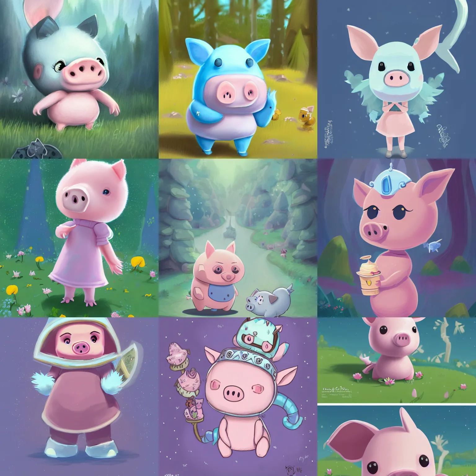 Prompt: very cute and adorable little piggy knight princess, big beautiful blue eyes, piglet, fantasy forest landscape, lake, summer, pale blue outfit, cute forest creature, fluffy, pastel colors, Adventure Time, Dreamworks, Behance, Pokemon, Artstation, trending on artstation, peach and goma style, milk and mocha style, art of silverfox, Yee Chong Silverfox, Sydney Hanson, Sofya Emelenko, Elina Karimova