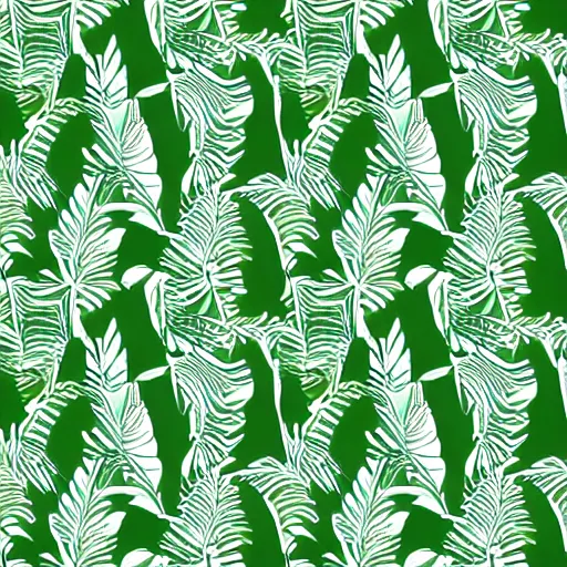 Image similar to repeating pattern, seamless. tropical palm leaves, green, flat color, hyperrealistic, minimalistic