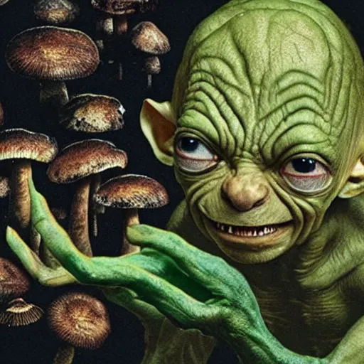 Image similar to Gollum with spores on head , mushrooms