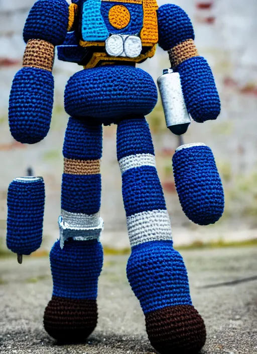 Prompt: a crochet mecha with rocket launchers, realistic, no cropping, full body, Sigma 50 mm f/1.4