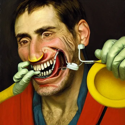 Prompt: dentist portrait of a dentist with large, giant teeth, rotten teeth, yellow, broken, cavities, moldy by Mark Brooks and Dod Procter