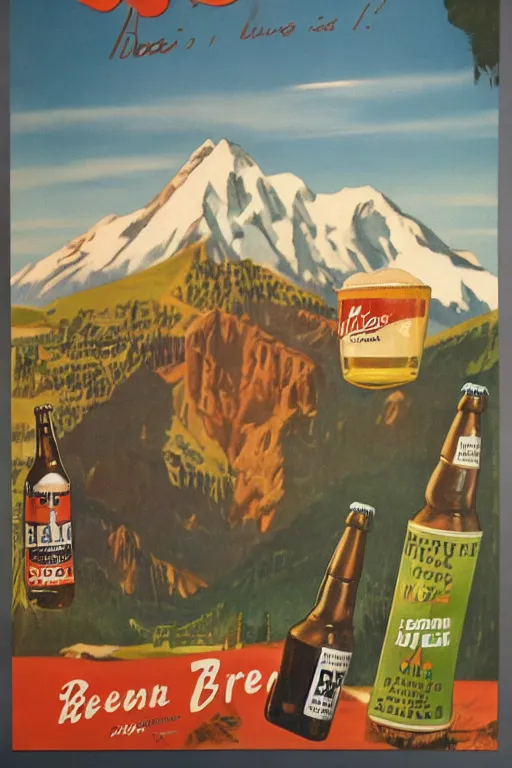 Image similar to 1 9 4 0 s german advertisement of beer, the alps are in the background, unreal engine, global illumination, radiant light, detailed and intricate environment