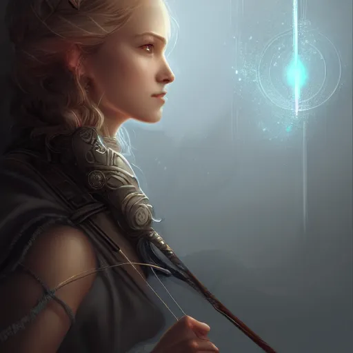 Image similar to beautiful extremely detailed intricate concept art depicting an archer by charlie bowater. shining jewelry. grey atmosphere. particles in the background. artstation