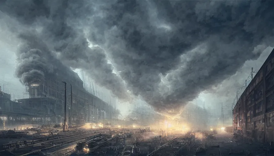 Image similar to Dieselpunk Norilsk city, giant zeppelins in the sky, steam, factory plants with dark smoke in the background, epic composition, intricate, elegant, volumetric lighting, digital painting, highly detailed, artstation, sharp focus, illustration, concept art, ruan jia, steve mccurry