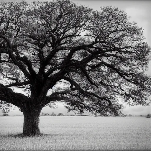 Prompt: one big tree of oak, field, mystic, lomography, analogue photo quality, monochrome, blur, unfocus