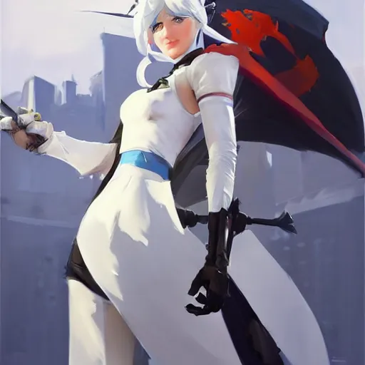 Image similar to greg manchess portrait painting of the rwby weiss schnee as overwatch character, medium shot, asymmetrical, profile picture, organic painting, sunny day, matte painting, bold shapes, hard edges, street art, trending on artstation, by huang guangjian and gil elvgren and sachin teng