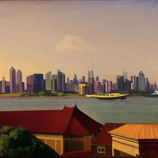 Image similar to the singapore skyline, by edward hopper