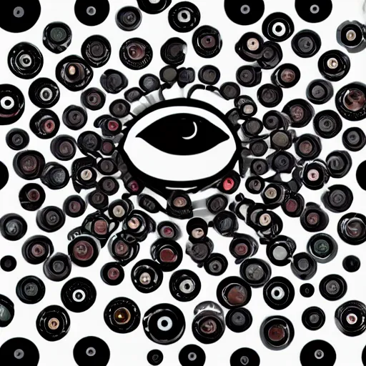 Image similar to a pair of interlocking wheels covered in eyes