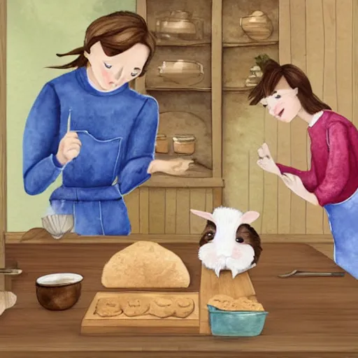 Image similar to a rabbit, and a guinea pig, baking cookies together, inside a french cozy kitchen, realistic watercolour