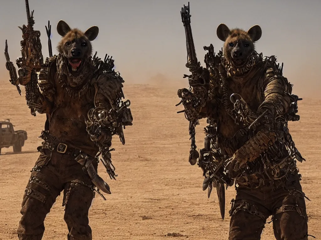 Prompt: a good ol'hyena fursona ( from the furry fandom ), heavily armed and armored facing down armageddon in a dark and gritty version from the makers of mad max : fury road. witness me.