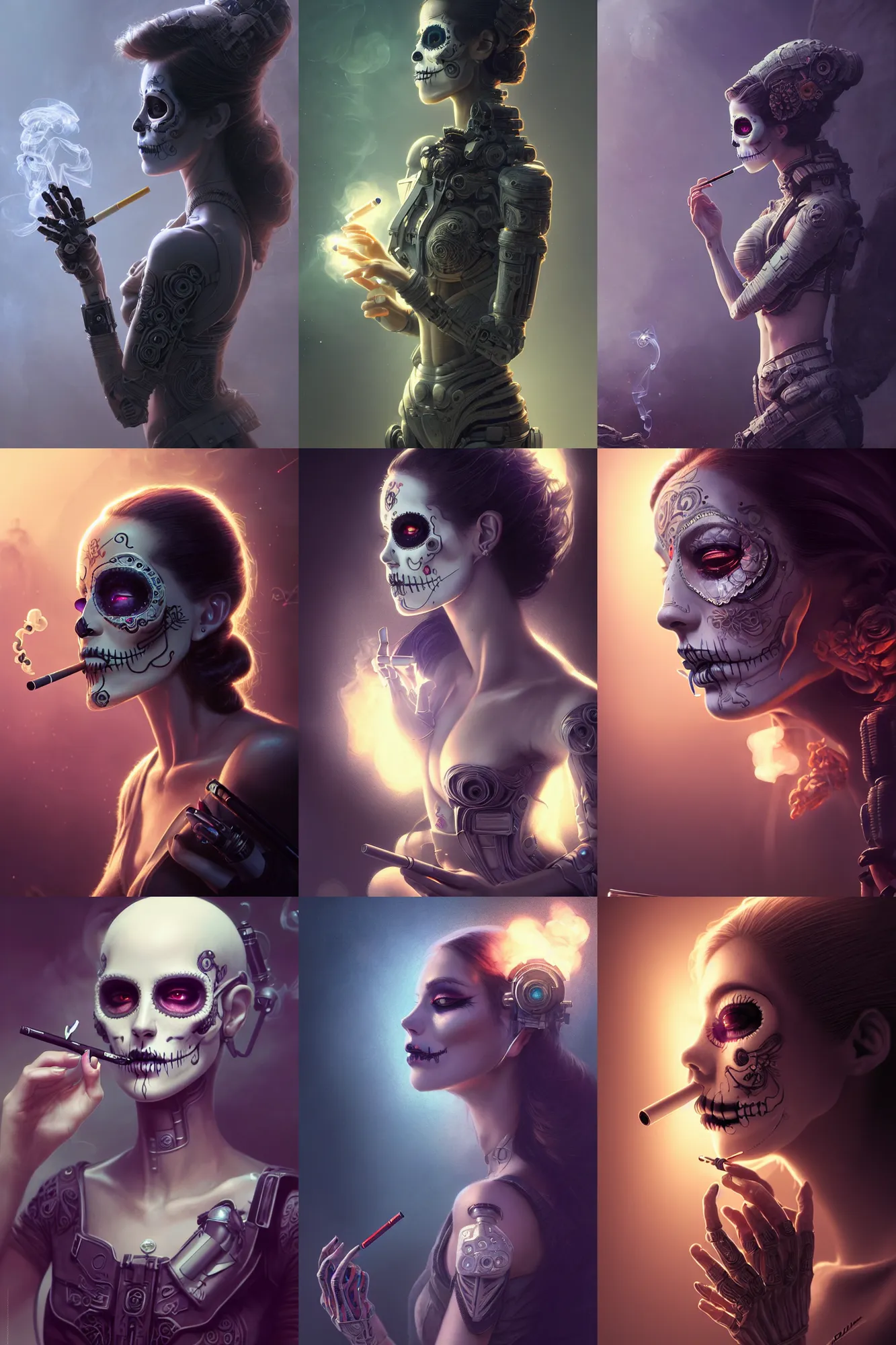 Prompt: ultra detailed, beautiful female android smoking a cigarette, scifi, fantasy, ( dia de los muertos ), cinematic, intricate detailed, octane render, concept art. smoke, calm, noir. art by godmachine and michael welan and rossdraws and artgerm and greg rutkowski and wlop. 8 k, hdr