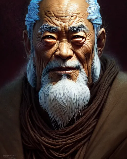 Image similar to uncle iroh from avatar the last airbender, character portrait, portrait, close up, concept art, intricate details, highly detailed by greg rutkowski, michael whelan and gustave dore