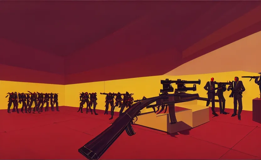 Prompt: syd mead, big room in center pedestal with ak 4 7 and men's in suit's around, soft light, red + yellow colours, golden facture, high quality details, two point perspective, denoise deep depth of field