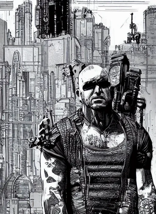 Image similar to Dumb Bubba. Buff cyberpunk meathead trying to intimidate. Large man looms. Realistic Proportions. Concept art by James Gurney and Laurie Greasley. Moody Industrial skyline. ArtstationHQ. Creative character design for cyberpunk 2077.