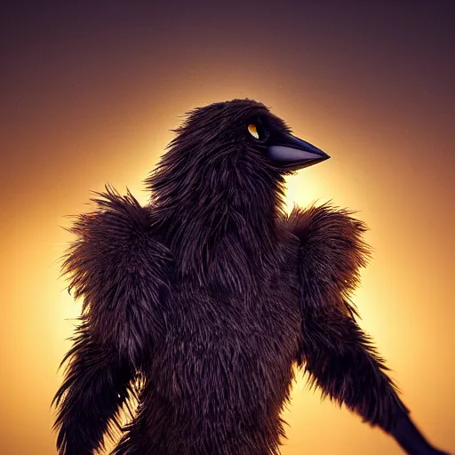 Image similar to Crow Fur-suit at furry convention, photo, center composition, golden hour, hyperrealistic, beautiful detailed intricate insanely detailed octane render trending on Artstation, trending on DeviantArt, 8K artistic photography, photorealistic, dramatic volumetric cinematic perfect light, award-winning photograph, masterpiece,