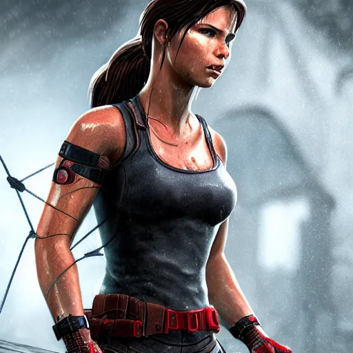 Image similar to Lara croft as spiderwoman,face wet, heavy rain ,dramatic, intricate, highly detailed, concept art, smooth, sharp focus, illustration, Unreal Engine 5, 8K