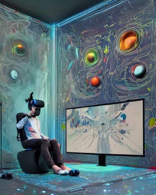 Prompt: a man reclines in a gaming computer chair weargin a vr headset and headphones holding a game controller, in a domestic interior filled with screens by james jean and luc tuymans and beeple and hernan bas and pat steir and hilma af klint, psychological, 3 d, dripping paint, high quality render, masterpiece