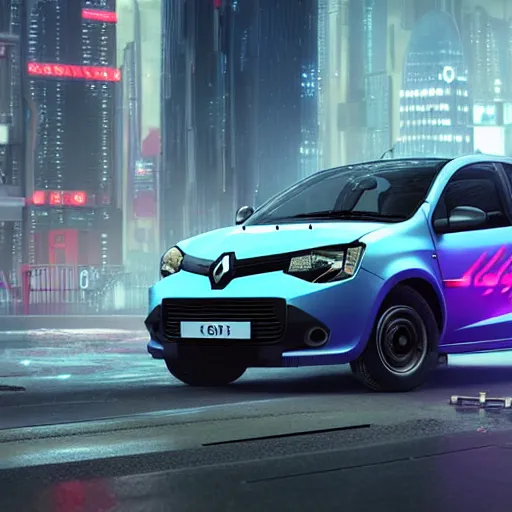 Image similar to octane render of new cyberpunk version of Renault sandero from 2077 in the city of future