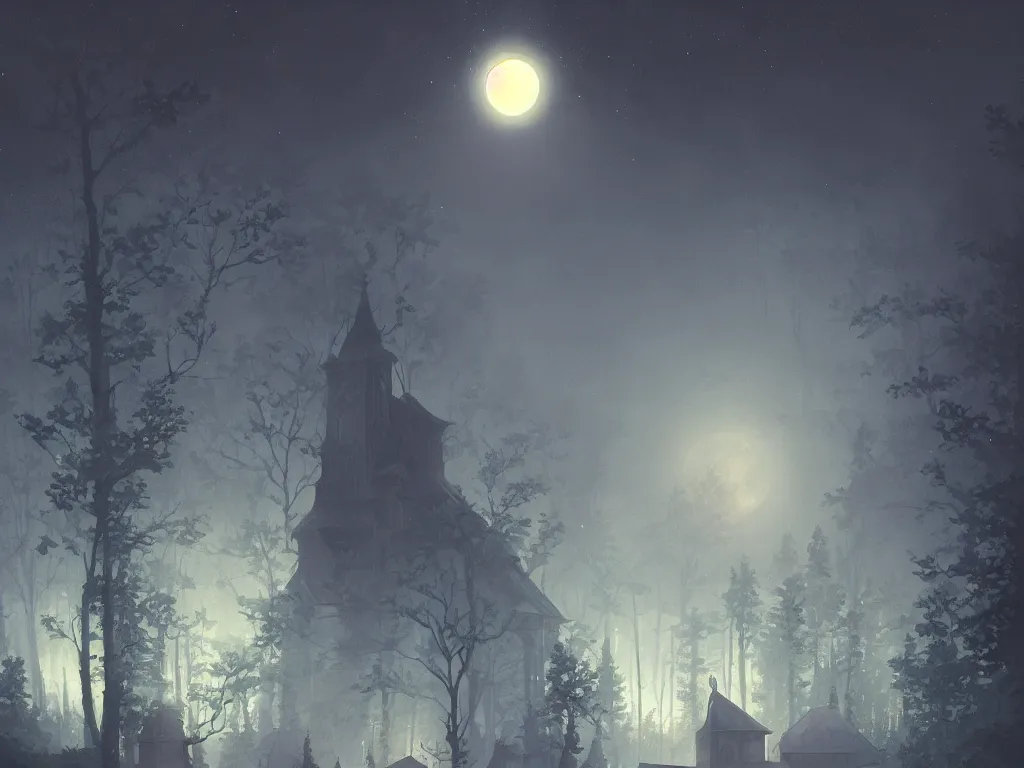 Image similar to A highly detailed painting of a dark church at night, moon, forest, by Studio Ghibli, Makoto Shinkai, by Artgerm, by WLOP, by Greg Rutkowski, volumetric lighting, octane render, 4K resolution, trending on artstation, masterpiece