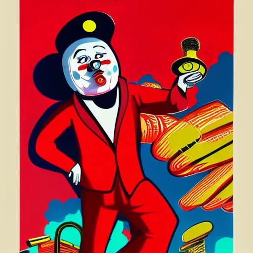 Prompt: champagne communist clown, soviet propaganda, vivid colors, poster art style, detailed image, saturated colors, dominating red, detailer portrait, male face