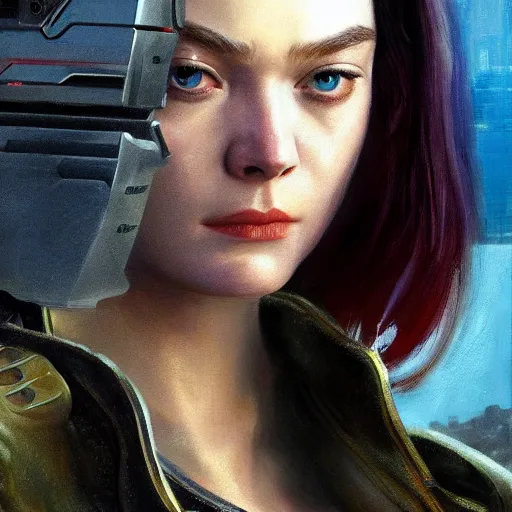 Prompt: ultra realistic medium shot portrait painting of elle fanning in cyberpunk 2 0 7 7, art by frank frazetta, 4 k, ultra realistic, highly detailed, epic lighting