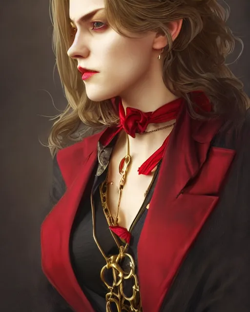 Image similar to female vampire, perfect face, gold waistcoat, red shirt, long grey hair, red necktie, cinematic, stunning, highly detailed, digital painting, artstation, smooth, hard focus, full body shot, illustration, art by artgerm and greg rutkowski and alphonse mucha