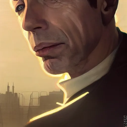 Image similar to beautiful delicate imaginative streamlined futuristic close up portrait of humphrey bogart sitting with elegant deadly looks, mechanical body on gold linings, smooth white and soft by ruan jia, tom bagshaw, alphonse mucha, krenz cushart, beautiful cyberpunk buildings in the background, epic sky, vray render, artstation, deviantart, pinterest, 5 0 0 px models