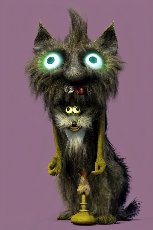 Image similar to 3 d model of a evil fur monster with glowing eyes by alexander jansson : 1 | centered, dark rainbow color scheme, black background, matte background : 0. 9 | by jim henson and dave melvin : 0. 4 | unreal engine, deviantart, artstation, octane, finalrender, concept art, hd, 8 k resolution : 0. 8