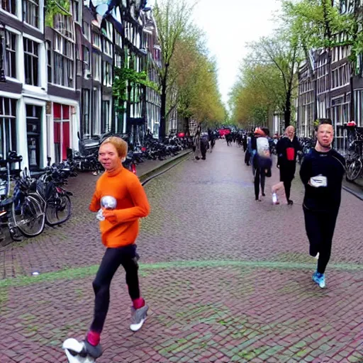 Prompt: among us characters running through the streets of amsterdam