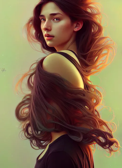 Image similar to handsome young women with shoulder length brown hair, half body shot, path traced, highly detailed, high quality, digital painting, alena aenami, lilia alvarado, shinji aramaki, karol bak, alphonse mucha, tom bagshaw