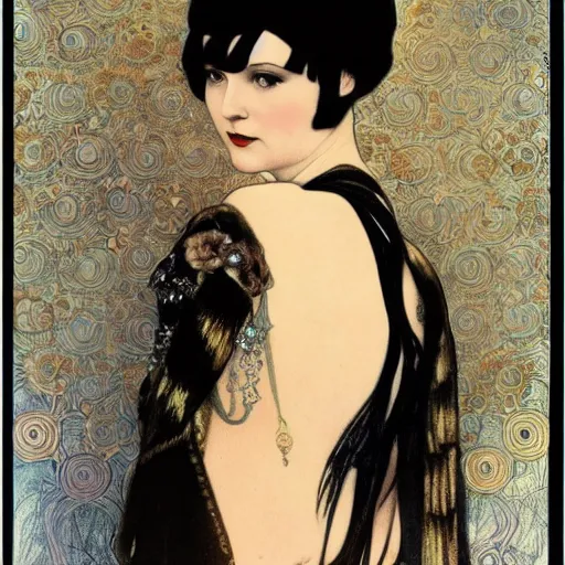 Prompt: louise brooks wearing an elaborate chinese cloud headdress beautiful detailed romantic art nouveau lithograph face portrait by alphonse mucha and gustav klimt, hauntingly beautiful refined moody dreamscape