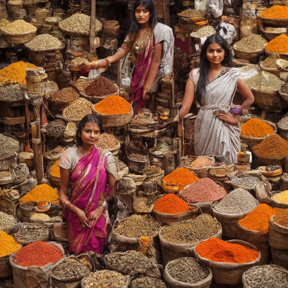 Prompt: young indian woman standing in a spice market weighing out spices, masterful intricate artwork, high detail 8 k