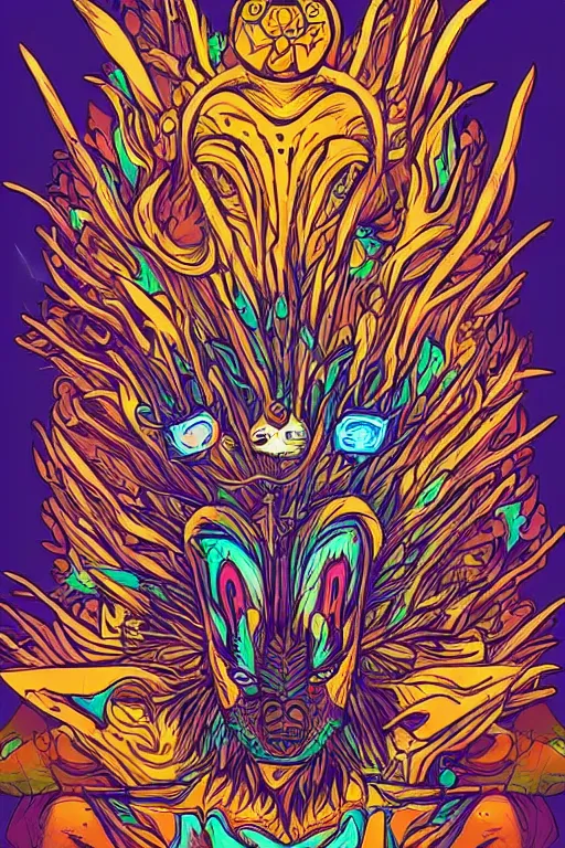 Image similar to animal mask totem roots flower tribal feather gemstone plant wood rock shaman vodoo video game vector cutout illustration vivid multicolor borderlands comics by josan gonzales and dan mumford radiating a glowing aura