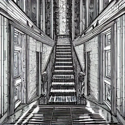 Image similar to a huge bright maze of many doorways and lots of stairs, many doorways, inside a giant mansion, artstation, Junji Ito, epic composition