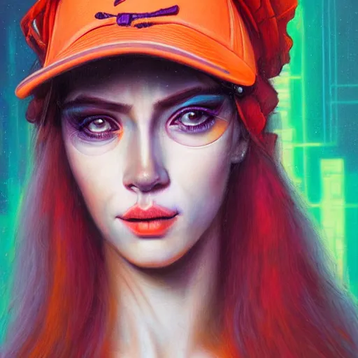 Image similar to beautiful portrait of a cyberpunk female, neon orange baseball cap by Marco Mazzoni and Hannah Yata