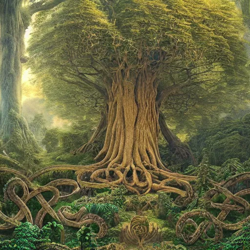 Image similar to a beautiful and highly detailed matte painting of a giant tree in a magical garden in lush forest in the valley of dreams, celtic knots, intricate details, epic scale, insanely complex, 8 k, sharp focus, hyperrealism, very realistic, by caspar friedrich, james gurney, brian froud,