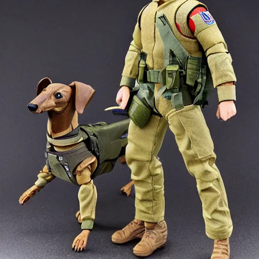 Image similar to G.I. Joe action figure. Articulated plastic dachshund