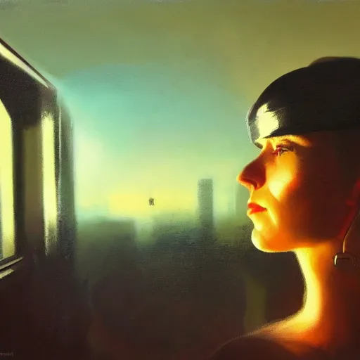 Image similar to detailed face of a woman, clockwork, moment, tectonic sky, skydome, bullet train, turbines, utopian, tech noir, wet reflections, prism, atmospheric, ambient, nick alm, casey baugh, pj crook, syd mead, livia prima, edward hopper