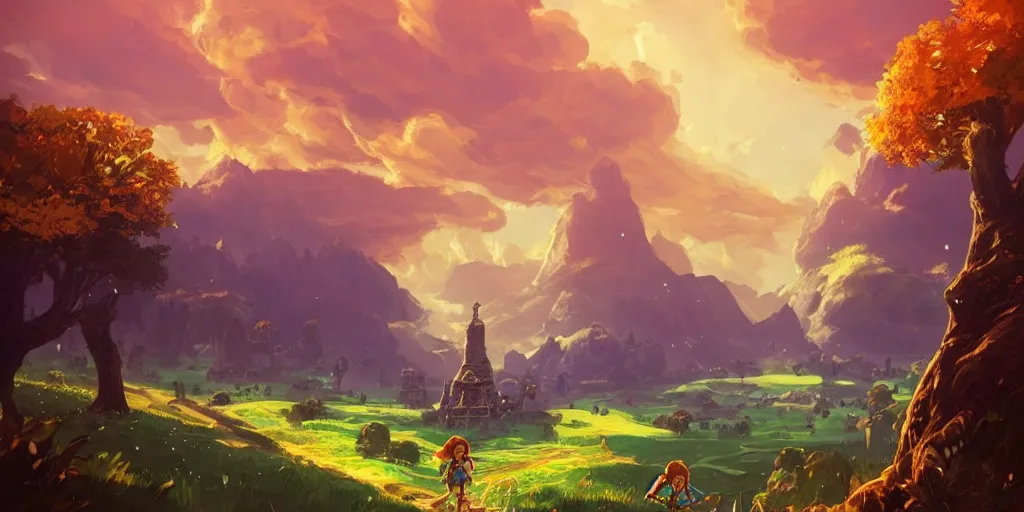 Image similar to a beautiful digital matte painting of a verdant fantasy countryside, breath of the wild, hyrule, inspired by cyril rolando, david wiesner, many golden layers, orange color tone, very far royal steampunk castle, cgsociety, dappled sunlight, trending on artstation, azure sky