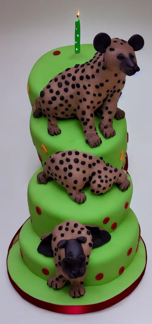 Prompt: birthday cake with hyena sitting on top