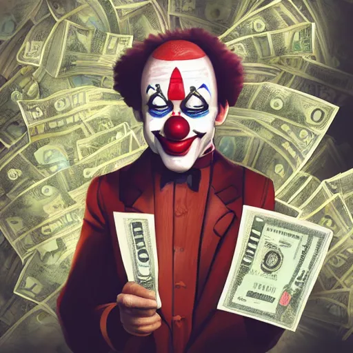 Image similar to A clown holding a dollar banknote, background is a slum, artstation, cgsociety, masterpiece