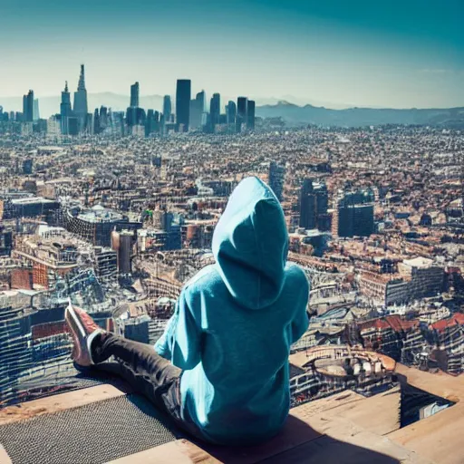 Prompt: A girl in a hoodie and jeans sits on a roof with their legs dangling off the edge looking at the cityscape