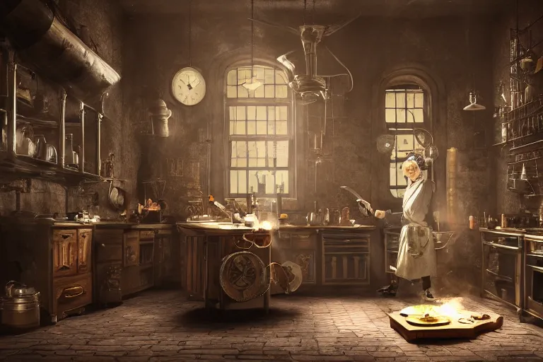 Prompt: detailed octane zbrush render of [Benjamin Franklin cooking breakfast inside a steampunk kitchen], WITH liminal space, high detail, rendered in unreal engine, 3d render, god rays, volumetric lighting, HDR, subsurface scatter, mansion, interior, large windows, rich house