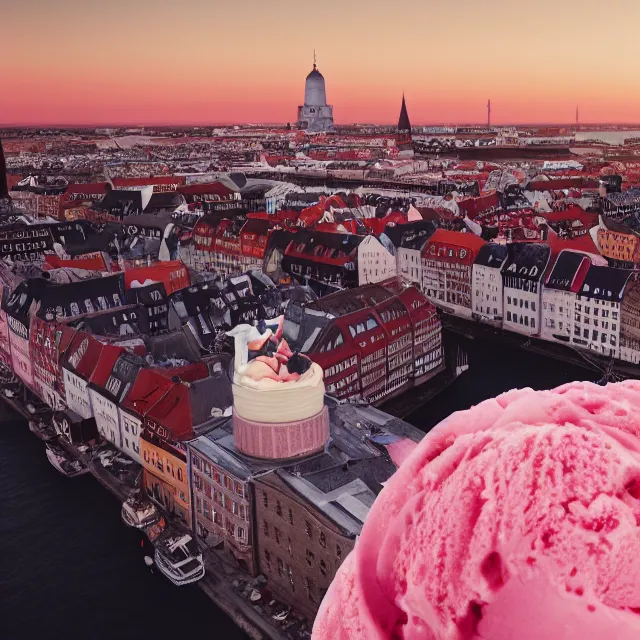 Prompt: copenhagen denmark on an ice cream mountain, pink ice cream mountain in the distance, cinematic, volumetric, realistic, cinematic lighting, ray tracing, unreal engine 5, octane render, hyper realistic, photo, 8 k