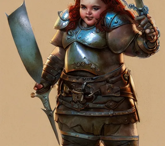 Prompt: cute chubby gnome woman wearing copper armor with sword and shield, small stature, short size, cute and adorable, pretty, beautiful, DnD character art portrait, matte fantasy painting, DeviantArt Artstation, by donato giancola, ralph horley, loish, cinematic lighting