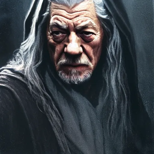 Image similar to landscape photo of ian mckellen as gandalf in a dark hood walking, arial shot, highly detailed, cinematic shot, cinematic lighting, 8 k, painting by john martin pandemonium, chiaroscuro, dark painting.