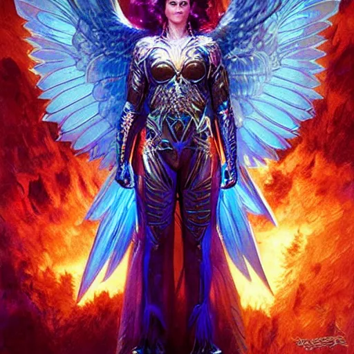 Image similar to katie perry as a trans futuristic asguardian superheroine in intricate dark seraphim warrior armor. her seraphim wings glow energy, art by gaston bussiere, craig mullins, simon bisley